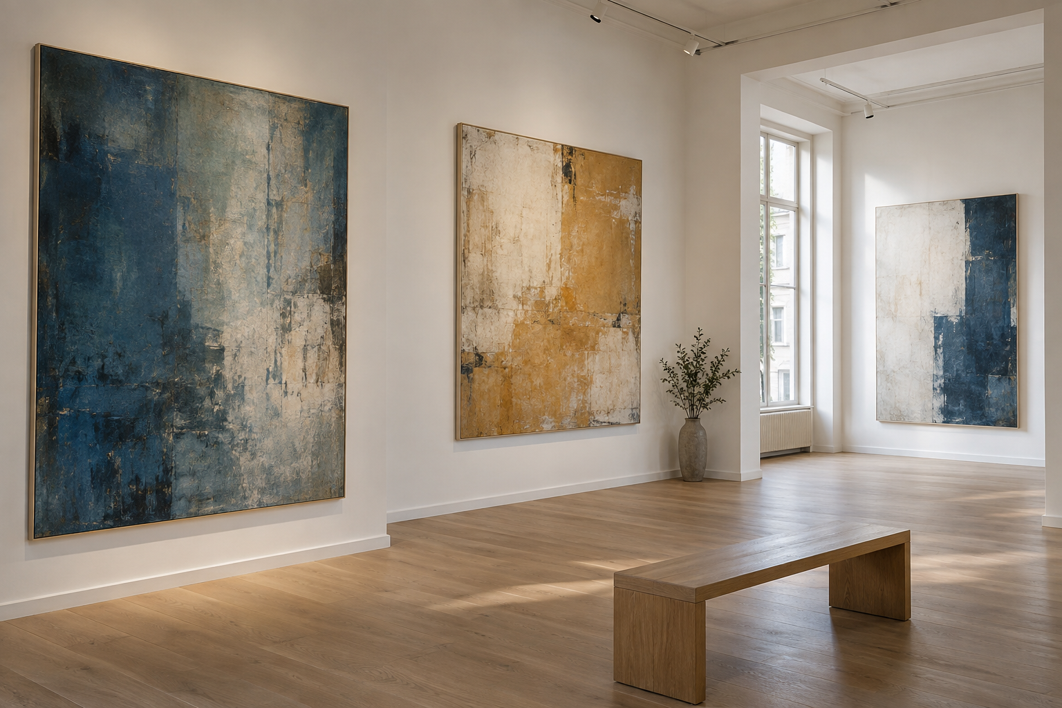 Abstrakte Gemälde in einer hellen Galerie